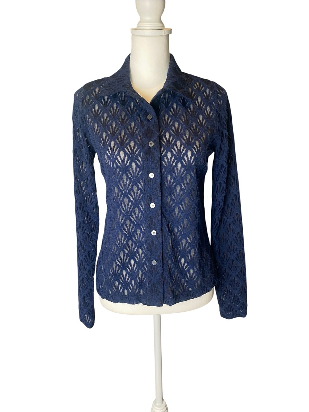 NWT LOFT Navy Sheer Lace Button Front Blouse | Old Money Coastal Chic Size S